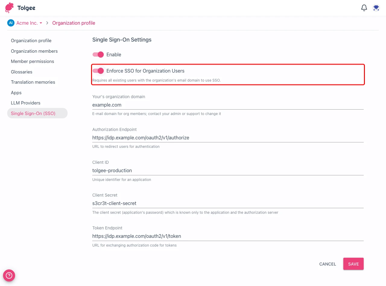 Enforce SSO for Organization Users switch in the Single Sign-On settings