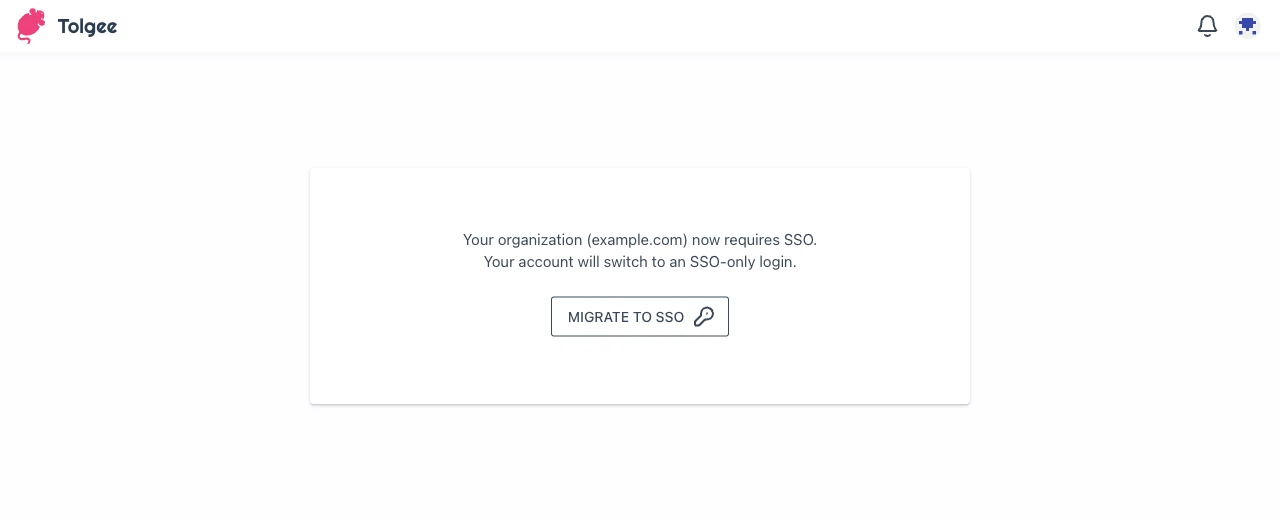 Account migration screen shown to users who have not migrated to SSO yet