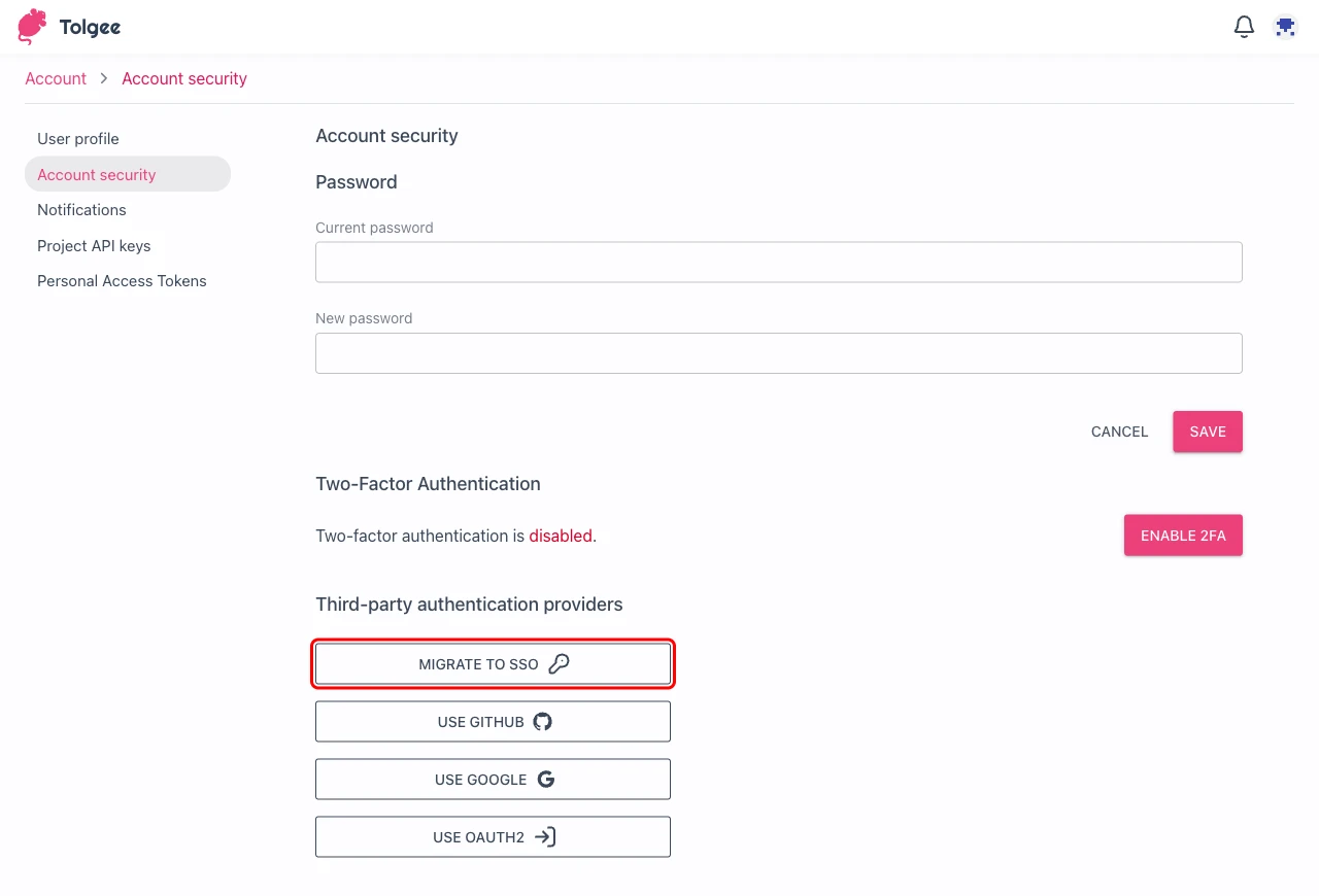Migrate to SSO button in the third-party authentication providers section